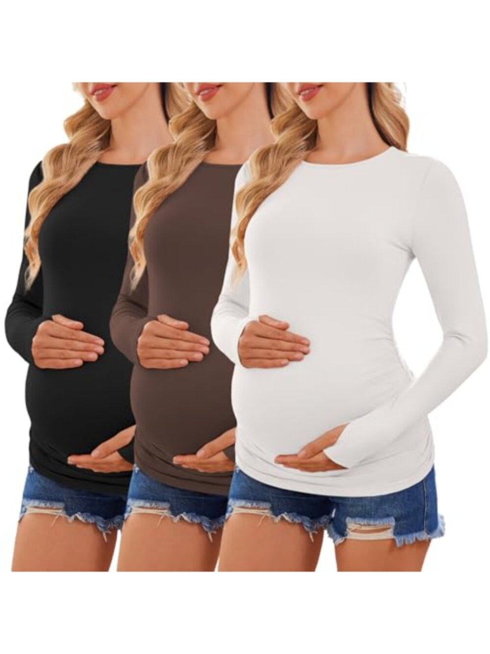 Ekouaer 3 Pack Maternity Long Sleeve T-Shirts with Thumbholes